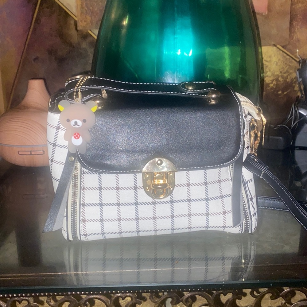 Black And White Checkerboard Pocketbook with Removable Teddybear KeyChain